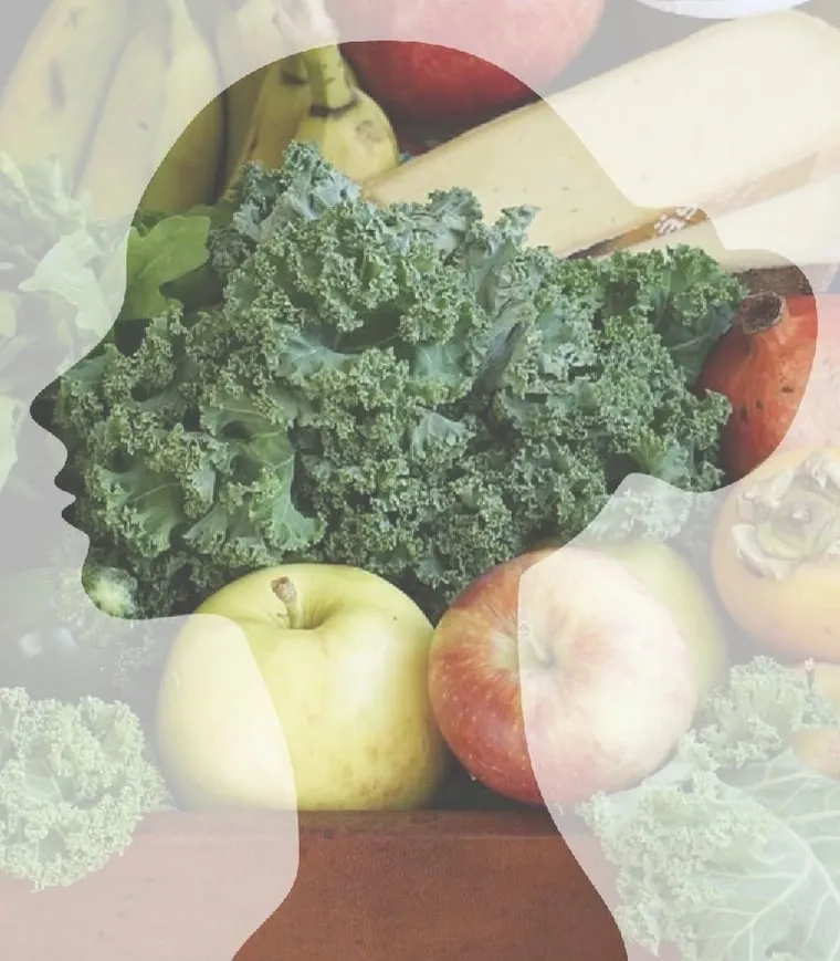 Man ist, was man isst — Ernährungsberatung. Dipl.-Diätassistentin, Heilfastenleiterin, Adipositastrainerin, Ernährungspsychologin. Im Bild ein Kopf im Profil, ausgefüllt mit Grünkohl, umgeben von Obst und Gemüse.